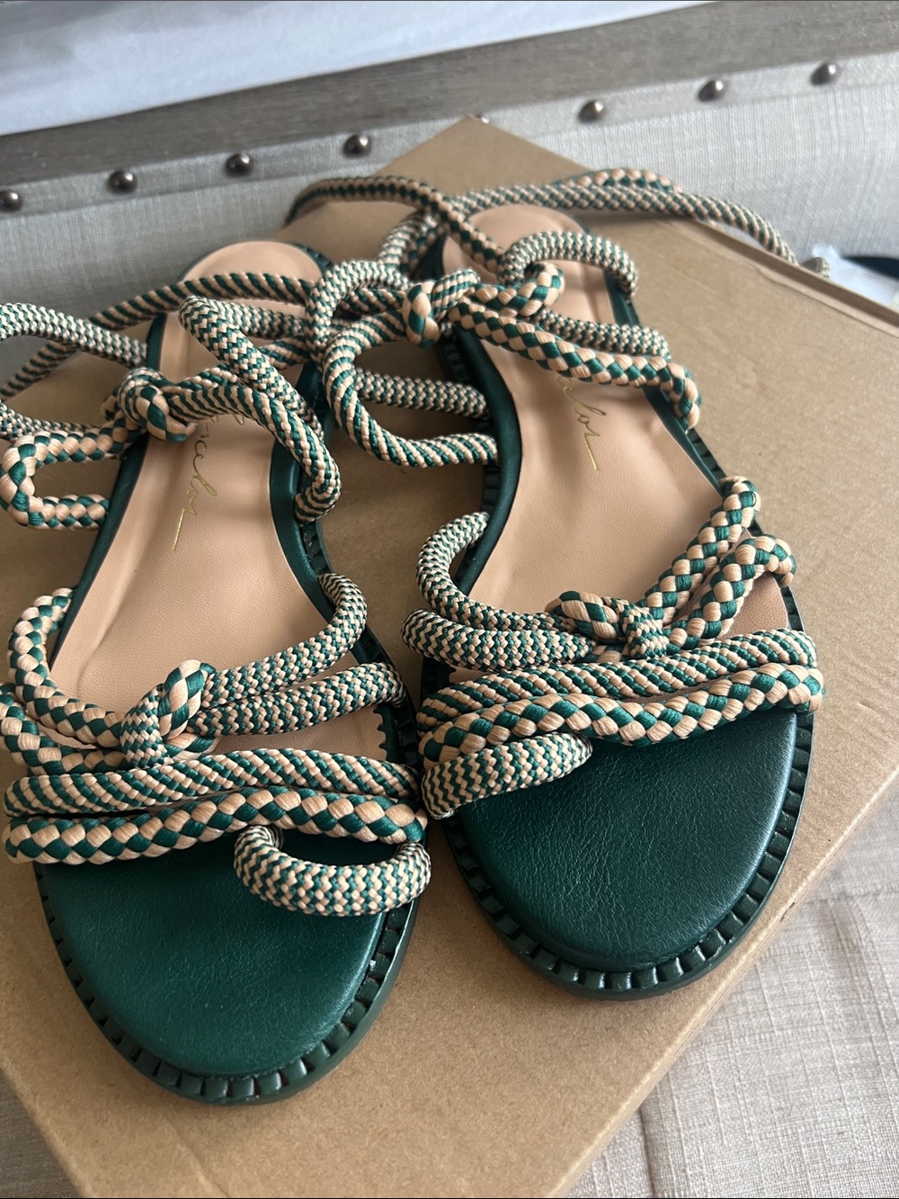 Costa Teal and Beige Braided Lace-Up Sandals